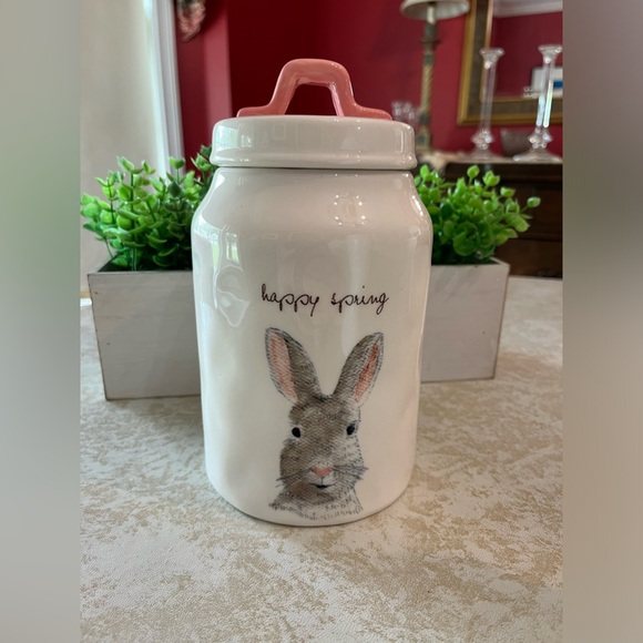 Rae Dunn 8.5” HAPPY SPRING Canister Magenta Pink Handle Bunny Rabbit 2017 - Picture 2 of 12
